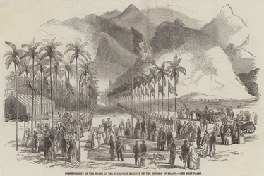 Inicio de las obras del Ferrocarril de Petropolis por el Emperador de Brasil (grabado)