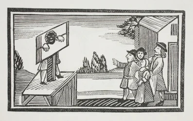 Condenado a estar una hora o más en la picota, ilustración de Chap-books del siglo XVIII de John Ashton, pub. 1882