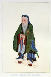 Confucio (551-479 a.C.): Maestro y filósofo, frontispicio de "Mitos y leyendas de China", de Edward T.C. Werner, pub. por George G. Harrap  Co.