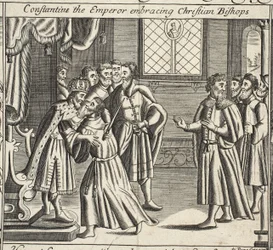 Constantino el emperador abrazando a los obispos cristianos, ilustración de Hechos y Monumentos de John Foxe, novena edición, pub. 1684