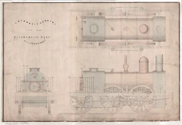 Dibujo de construcción, locomotora 0-4-2 y tender por R. y W. Hawthorn y Co. para la Stanhope and Tyne Railway Co
