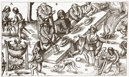 Ilustración contemporánea de un jefe gaélico irlandés comiendo una comida