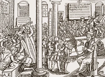 Grabado contemporáneo de una escuela de gramática Tudor