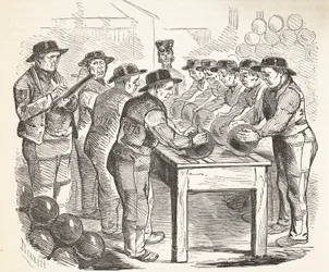 Convictos raspando balas, ilustración de Las prisiones criminales de Londres y escenas de la vida en prisión de Henry Mayhew y John Binny, pub. 1862