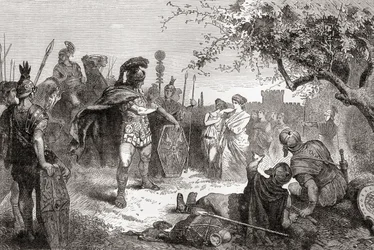 Coriolano regresa como enemigo a Roma tras su exilio, de la Historia Ilustrada del Mundo de Ward y Lock, pub. c.1882