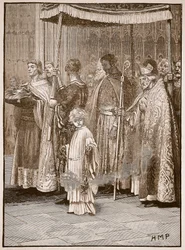 Coronación de Ricardo en la Abadía de Westminster: la procesión por el pasillo, ilustración de Cassells Illustrated History of England