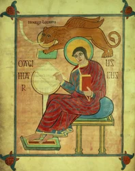 Cott Nero DIV f.93v San Marcos sentado con su símbolo, de los Evangelios de Lindisfarne, 710-721 (vitela)