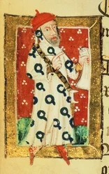 Cott Nero D VII f.105v Nigel Lorning, Caballero de la Jarretera, del Libro de los Benefactores de la Abadía de St. Alban, c.1380 (vitela)