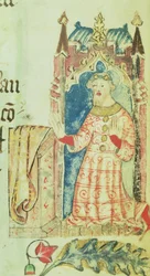Cott Nero D VII f.7 Retrato de John of Gaunt, duque de Lancaster, del Libro de los Benefactores de la Abadía de St. Alban, c.1380 (vitela)