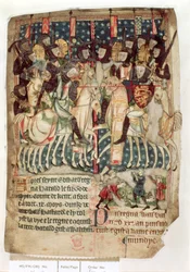 Cott Vitt A XIII f.3v Guillermo matando a Harold en la batalla de Hastings, de los "Decretos de los reyes de la Inglaterra anglosajona y normanda" (vitela)