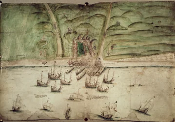 Cotton Augustus I.i f.18 Plan de Brighton bajo ataque