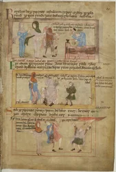 Algodón Claudio B IV fol.10 Lamec y sus dos esposas y su hijo, Tubalcaín, el herrero, trabajando (vitela)