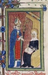 Cotton Claudius B. I, f.117 Santa Brígida presenta un mensaje de Cristo a un obispo, de 