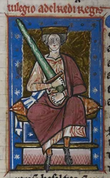 Cotton Claudius B. VI, f.87v Ethelred the Unready con espada, de la "Crónica de Abingdon", c.1220 (vitela)