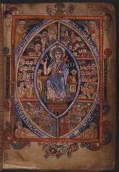 Algodón Galba A. XVIII, f.21 Cristo entronizado con coros de mártires, confesores y vírgenes