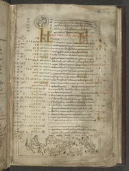 Algodón Julio A. VI, f.5, Página del calendario de mayo: Pastores y rebaño (vitela)