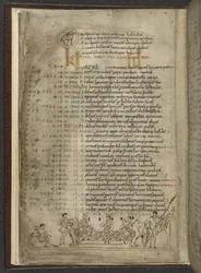 Algodón MS Julius A. VI, f.4v, página del calendario de abril: escena de fiesta con tres nobles (vitela)