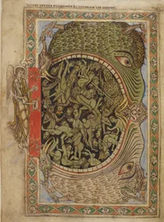 Algodón Nerón C IV f.39 Las fauces del infierno sujetas por un ángel, del Salterio de Enrique de Blois, c.1121-61 (vitela)