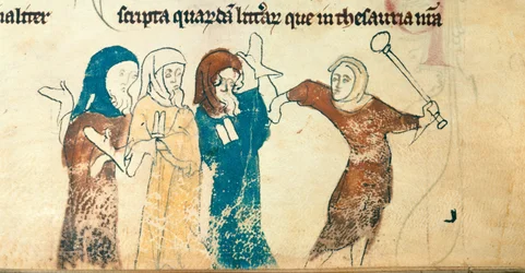 Algodón Nerón D. II, f.183v Persecución de los judíos, ilustración de la "Chronica Roffense" (vitela)
