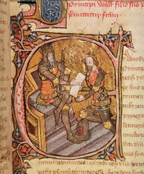 Cotton Nero D VI fol.31 Eduardo III concede al Príncipe Negro el principado de Aquitania