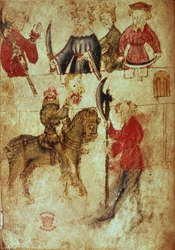 Cotton Nero Ms A X, f.94v: El caballero verde sin cabeza en la sala de Arturo, de "Perla, limpieza, paciencia y Sir Gawain y el caballero verde", c.1375-1400 (tinta y color sobre vitela)