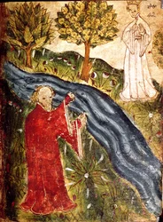 Algodón Nero Sra. A X, f. 42 El soñador con la doncella de perlas, c.1375-1400 (vitela)
