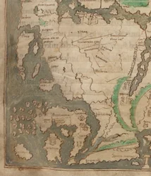 Cotton Tiberius B.V, Part 1, f.56v The Tiberius Map, Mappa Mundi, detalle de Europa Occidental y las Islas Británicas (vitela)