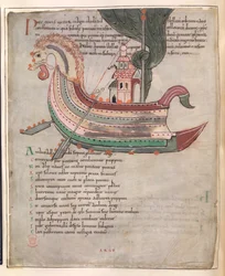 Cotton Tiberius B. V, Parte 1, f.40v, Un barco, con torre y cabeza de serpiente (vitela)