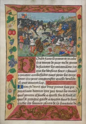 Cotton Vespasian A xvii, f.13v, El rey de Inglaterra montado en un caballo blanco, persiguiendo al rey de Francia que huía, del Manual de guerra para la instrucción de un príncipe de Robert de Balsac, c.1490s (vitela)