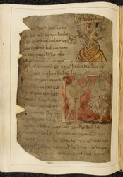 Cotton Vitellius A. XV f.103v, Un árbol del que crece el bálsamo; un donestre, un hombre con cabeza de bestia, a la izquierda sosteniendo una pierna y un pie humanos, y una persona a la derecha, ilustración de Beowulf, del 