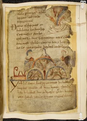 Cotton Vitellius A. XV f.105, una vid dorada; tres personas hablando, representando a una nación bondadosa que gobierna el Mar Rojo, donde se encuentran las mejores perlas, ilustración de Beowulf, del 