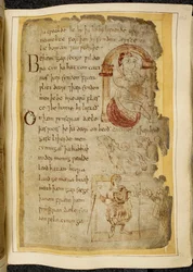 Cotton Vitellius A. XV f.106r, Un hombre sentado en un cojín bajo un arco; dos catini, bestias con la boca abierta como perros; un hombre vestido con un bastón, extendiendo su mano a otro hombre, ilustración de Beowulf, del 
