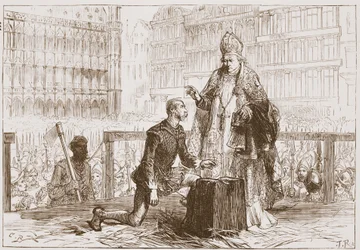El Conde Egmont en el patíbulo antes de su ejecución, ilustración de "La historia del protestantismo" de James Aitken Wylie (1808-1890), pub. 1878 (grabado)