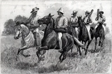 Críquet en Australia, un equipo yendo al campo para jugar un partido. Ilustración para The Graphic