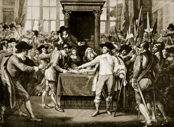 Cromwell disolviendo el Parlamento Largo, 1653, ilustración de la Historia de la Nación Británica de Hutchinson, c.1923