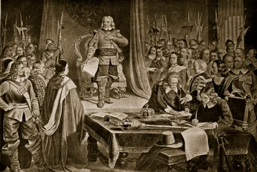 Cromwell rechazando la corona, ilustración de la Historia de la Nación Británica de Hutchinson, c.1923