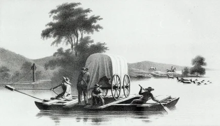 Cruce del Platte en la Boca del Deer Creek, de la Exploración y Encuesta del Valle del Gran Lago Salado de Utah por Howard Stansbury, publicado en 1852