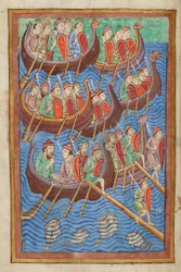 Los daneses bajo Hinguar y Hubba desembarcan en Gran Bretaña, de la Miscelánea sobre la vida de San Edmundo, Bury St Edmunds, c.1130 (vitela)
