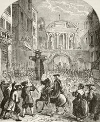 Daniel Defoe en la picota de Temple Bar, de «La historia nacional y doméstica de Inglaterra» de William Hickman Smith Aubrey (1858-1916), publicado en Londres, hacia 1890