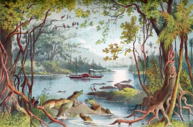 El barco Ma-Robert de David Livingstone en el río Zambeze, África, durante su expedición al Zambeze en el siglo XIX. Extraído de The Life and Explorations of Dr. Livingstone, publicado hacia 1875.