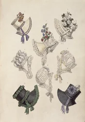 Sombreros de día, lámina de moda de Ackermanns Repository of Arts