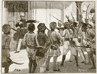 De Kantzow defendiendo el Tesoro en Mynpooree, ilustración de Cassells Illustrated History of England