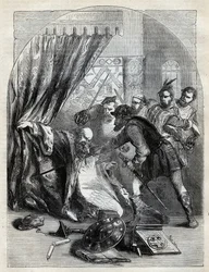 Muerte del cardenal Beaton, 29 de mayo de 1546 - El cardenal David Beaton (ca. 1494-1546), arzobispo de St Andrews, asesinado durante la Reforma escocesa - grabado de «History of England» de Cassell Petter & Galpin, Londres (1890)