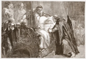 Muerte de Federico el Sabio, Elector de Sajonia, ilustración de La Historia del Protestantismo de James Aitken Wylie, pub. 1878