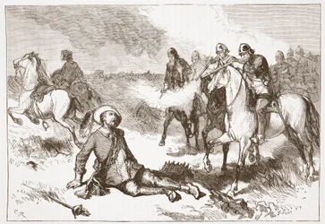 Muerte de Gustavo Adolfo, ilustración de La Historia del Protestantismo de James Aitken Wylie (1808-1890), pub. 1878