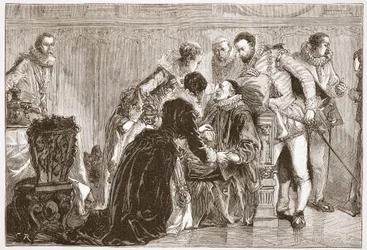 Muerte de Guillermo el Silencioso, Príncipe de Orange, ilustración de "The History of Protestantism" de James Aitken Wylie (1808-1890), pub. 1878 (grabado)