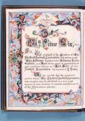 Dedicación de una dirección presentada por la Asociación de Fútbol de Sheffield a William Pierce-Dix con motivo de su retiro como Secretario, 1882