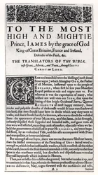 Página de dedicación en La Santa Biblia, publicada por Robert Barker, 1611