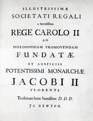 Dedicación a la Royal Society de la primera edición de Philosophiae Naturalis Principia Mathematica de Newton, 1687