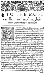 Dedicación al rey de Polonia Segismundo II Augusto I en El Consejero, la primera traducción al inglés de De optimo senatore de Wawrzyniec Grzymała Goślicki, 1598 (impresión)